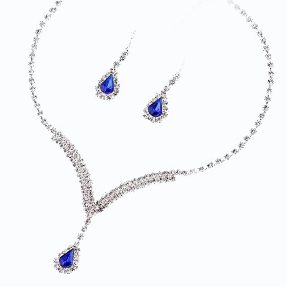 Royal Blue Teardrop Crystal Earrings And V Shape Pendant Bridal-Bridesmaid Set - Picture 3 of 9